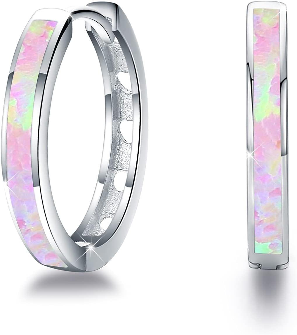 Sterling Silver Simulated Opal Hoop Earrings for Women Hypoallergenic Huggie Hinged Hoops Colorful Jewelry Gift-20mm Silver Pink-20