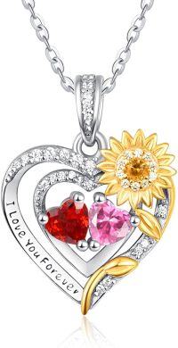 wholesale Sterling Silver 2 Birthstones Sunflower Heart Necklace for Women-01-10-Jan-Oct