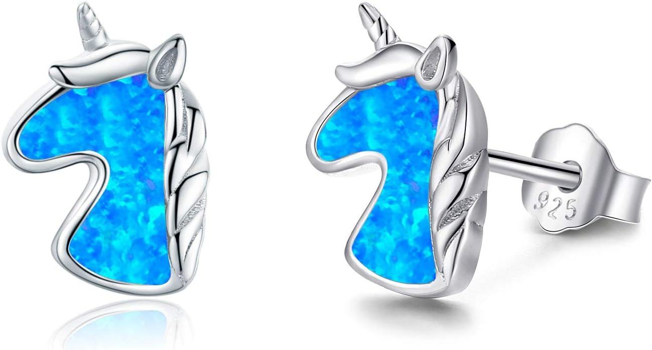 Sterling Silver Opal Unicorn Stud Earrings Hypoallergenic Gift-Silver-Blue Opal