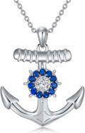 wholesale 925 Sterling Silver Blue Sapphire & Cubic Zirconia Nautical Anchor Pendant Necklace for Women-0-0