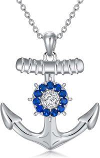 wholesale 925 Sterling Silver Blue Sapphire & Cubic Zirconia Nautical Anchor Pendant Necklace for Women-Blue Zircon