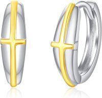 wholesale 925 Sterling Silver Gold Plated Cross Huggie Hoops for Women and Men Christian Jewelry-Silver