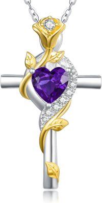 wholesale Sterling Silver Rose Cross Pendant Necklace for Women-Gold-2-Amethyst-Gold-2-Amethyst