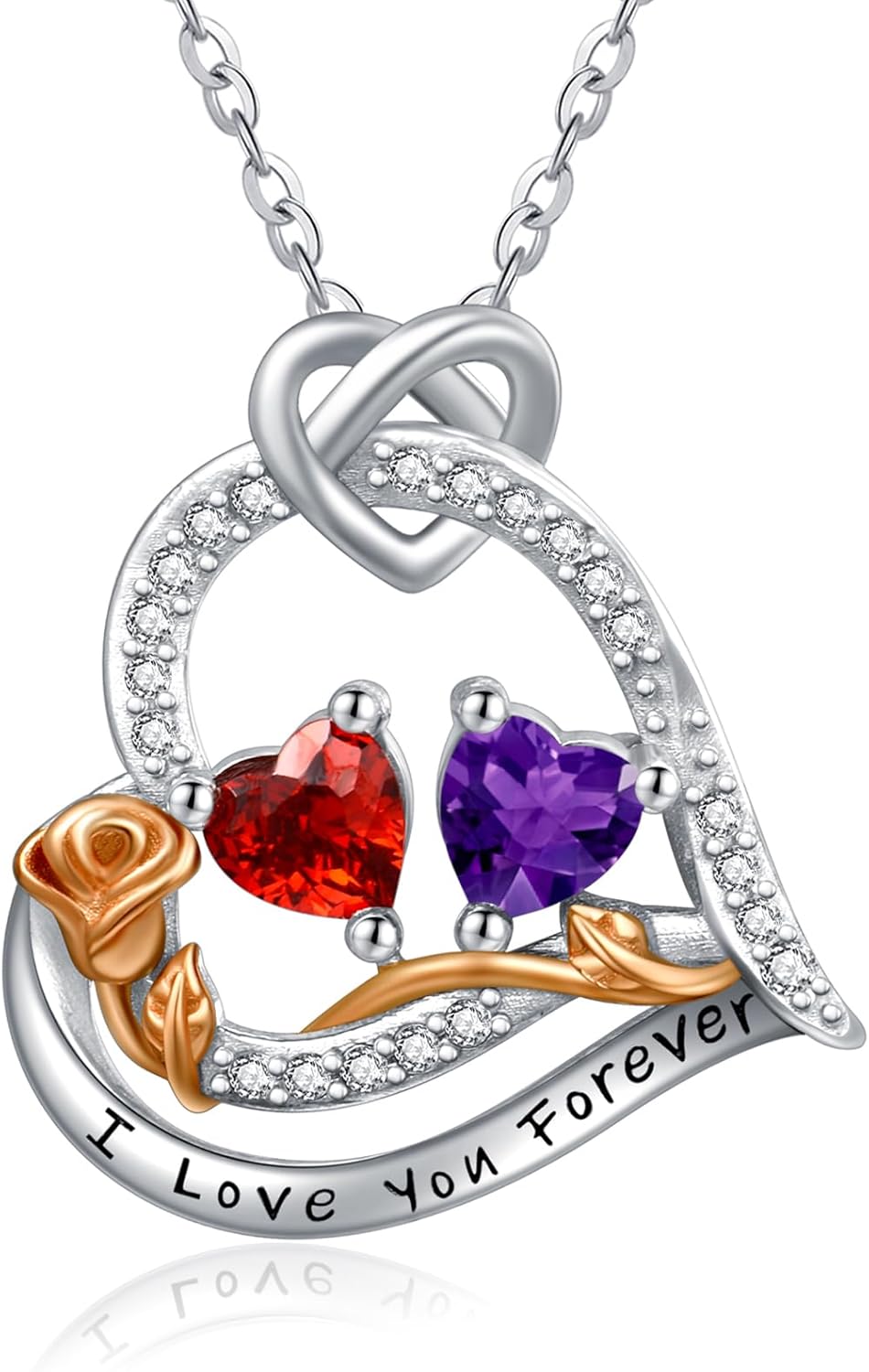  Sterling Silver 2 Birthstones Rose Heart Necklace for Women -01-02-Jan-Feb