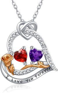 wholesale  Sterling Silver 2 Birthstones Rose Heart Necklace for Women -01-02-Jan-Feb