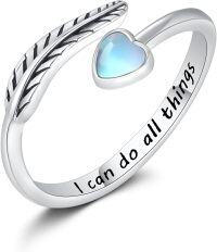 wholesale 925 Sterling Silver Turquoise Moss Agate Feather Adjustable Western Thumb Ring Vintage Jewelry Gift-I can do all things-Moonstone