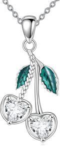 wholesale 925 Sterling Silver Heart-Shaped Crystal Fruit Charm Necklace with Green Leaves and Chain for Women Girls s-0-0