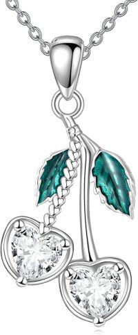 wholesale 925 Sterling Silver Heart-Shaped Crystal Fruit Charm Necklace with Green Leaves and Chain for Women Girls s-Moissanite Cherry