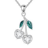 wholesale 925 Sterling Silver Heart-Shaped Crystal Fruit Charm Necklace with Green Leaves and Chain for Women Girls s-Moissanite Cherry