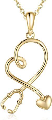 wholesale 14K Yellow Gold Heart-Shaped Stethoscope Pendant Necklace for Nurses Gifts-Stethoscope
