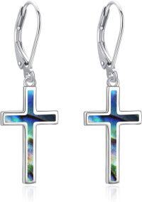 wholesale Sterling Silver Cross Leverback Dangle Drop Earrings for Women Men-abalone shell cross