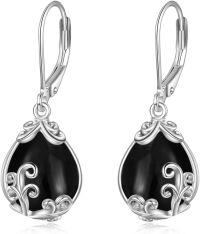wholesale Sterling Silver Crystal Gemstone Filigree Teardrop Dangle Leverback Earrings-Black Tourmaline
