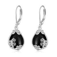 wholesale 925 Sterling Silver Teardrop Earrings Wholesale With Blue Gemstone And Scroll Design-Black Tourmaline