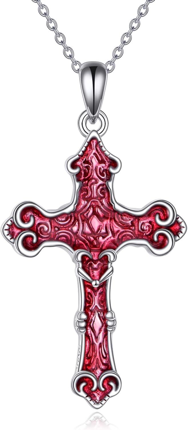 Sterling Silver Cross Pendant Necklace for Women Christian Jewelry Gift-Red