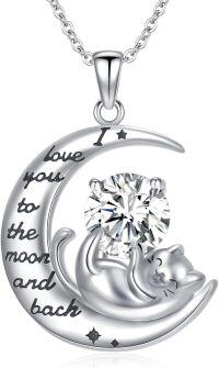wholesale Sterling Silver White Gold Plated Cat Birthstone Pendant Necklace-04-Apri-Diamond