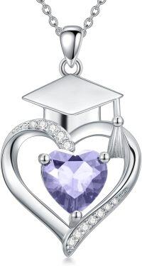 wholesale  Sterling Silver Heart Birthstone Necklace High School College Graduation Jewelry for Her -Non-Personalized 06-Light Violet