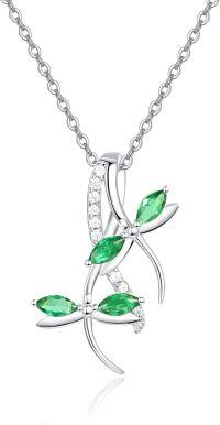 wholesale 925 Sterling Silver Emerald Dragonfly Pendant Necklace with CZ Stones and Extender Chain (34)-Green Emerald