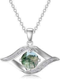 wholesale 14K White Gold Sterling Silver D Color VVS Clarity Evil Eye Diamond Greek Protection Pendant Necklace-Sterling Silver-B03:Moss Agate-B03:Moss Agate Sterling Silver