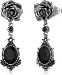 wholesale 925 Sterling Silver Gothic Punk Black Rose Stud Dangle Earrings with Onyx Gemstone Drops-Black Rose