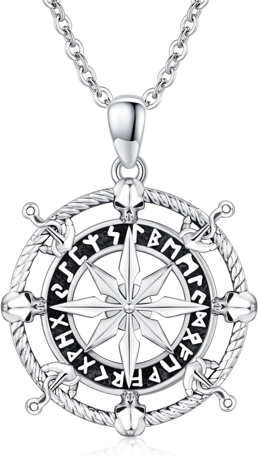 wholesale 925 Sterling Silver Vintage Skull Compass Pendant Necklace s for Women and Men-0-0