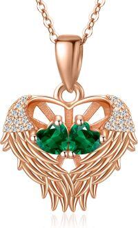 wholesale Sterling Silver 2 Birthstones Angel Wings Necklace for Women-05-05-May-May