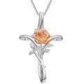 TOUPOP Sterling Silver Cross Rose Pendant Necklace Religious Jewelry Gift-0-0