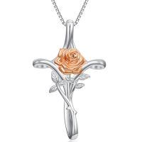TOUPOP Sterling Silver Cross Rose Pendant Necklace Religious Jewelry Gift-undefined