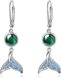 wholesale 925 Sterling Silver Malachite & Blue Crystal Mermaid Tail Leverback Earrings-Malachite