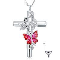 wholesale 925 Sterling Silver Moissanite Pink Butterfly Urn Necklace for Ashes Keepsake, Christian Cross Blue Butterfly Cremation Jewelry with Adjustable Chain-Non Custom