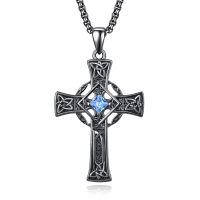wholesale 925 Sterling Silver Garnet Celtic Cross Necklace for Men 22 +2 Chain-Black-December