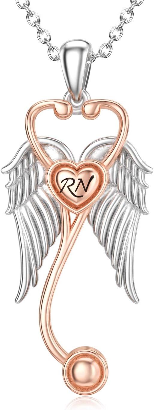 Sterling Silver Stethoscope Necklace w Angel Wings Cross Caduceus-B-Angel Wings