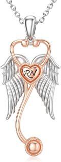 wholesale 925 Sterling Silver Heart Shaped Angel Wing RN Pendant Necklace with Rose Gold Accents and Chain-0-0