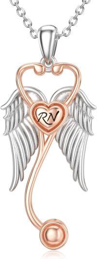 wholesale 925 Sterling Silver Heart Shaped Angel Wing RN Pendant Necklace with Rose Gold Accents and Chain-B-Angel Wings