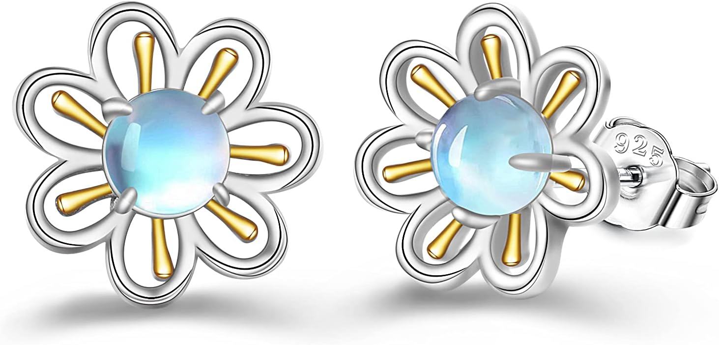 wholesale 925 Sterling Silver Blue Moonstone Daisy Stud Earrings Hypoallergenic Jewelry for Women-0-0