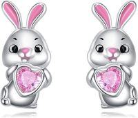 wholesale 925 Sterling Silver Bunny Rabbit Heart Pink Crystal Stud Earrings for Women Girls Kids Gift Boxed-Bunny