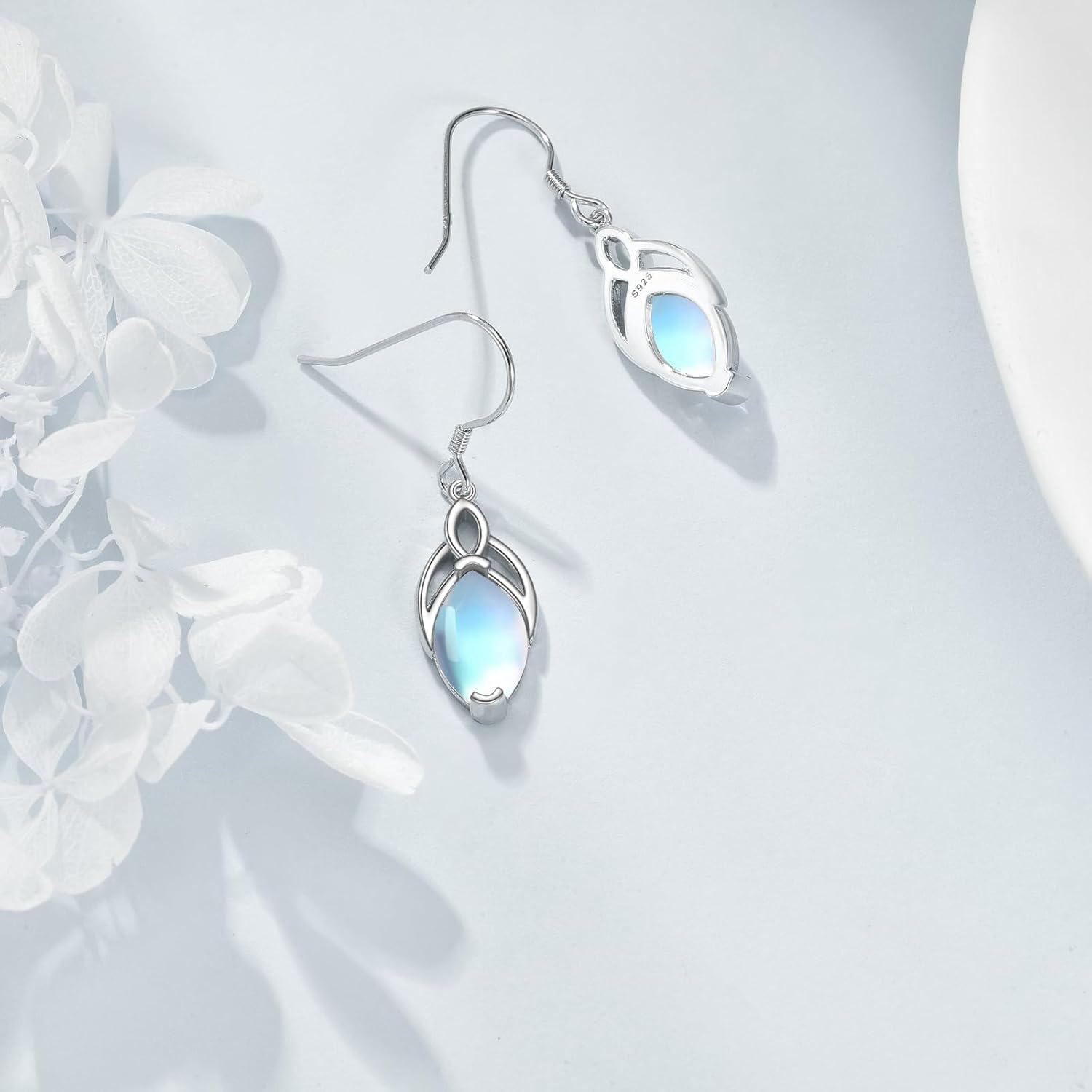 925 Sterling Silver Rainbow Moonstone Celtic Knot Drop Earrings Leverback-0-3