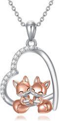 wholesale 925 Sterling Silver Double Fox Heart-Shaped Pendant Necklace for Women and Girls - Valentine's Gift-0-0