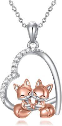 wholesale 925 Sterling Silver Double Fox Heart-Shaped Pendant Necklace for Women and Girls - Valentine's Gift-C-Fox