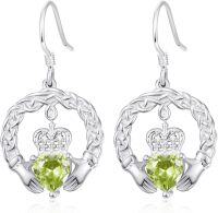 wholesale 925 Sterling Silver with Birthstone Claddagh Earrings for Women Irish Celtic Jewelry Gifts-08-August-Lab Created Peridot
