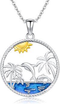 wholesale 925 Sterling Silver Dolphins Palm Trees Sun Pendant Necklace-Three Dolphins