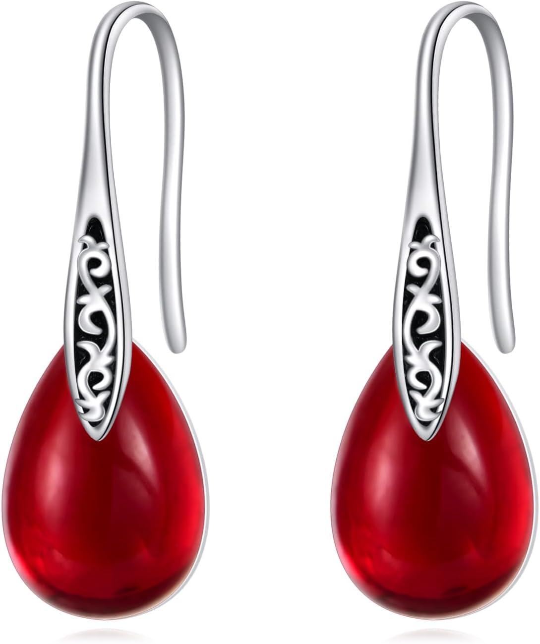 Sterling Silver Birthstone Vintage Teardrop Dangle Earrings for Women-Garnet