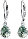 wholesale 925 Sterling Silver Teardrop Moss Agate Drop Earrings with Feather Design Leverbacks for Women-0-0