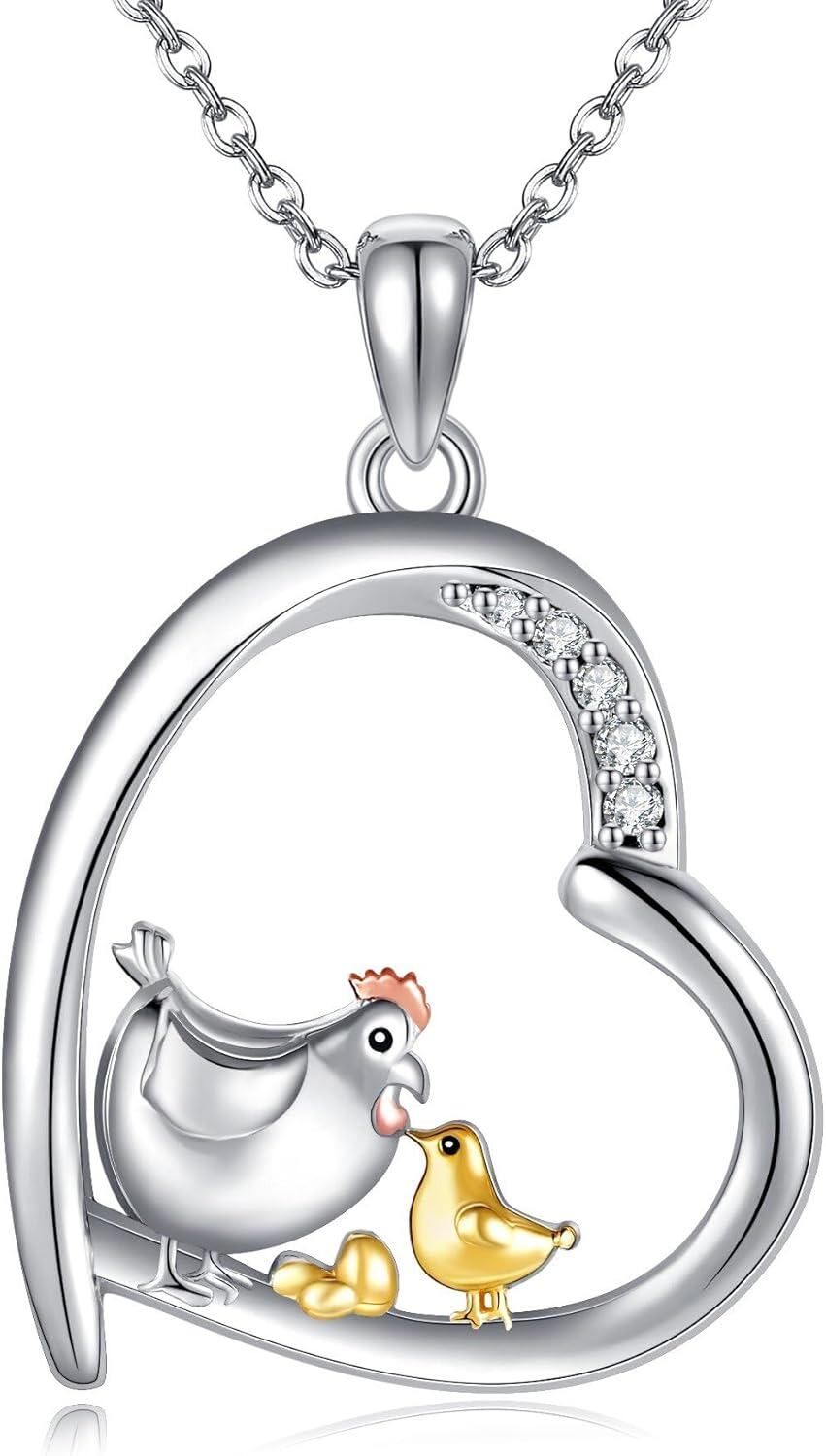 wholesale 925 Sterling Silver Chicken & Chick Heart Pendant Necklace for Women Girls Gifts-0-0