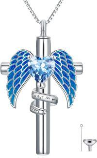 wholesale Sterling Silver Birthstone Angel Wing Cross Rose Heart Cremation Urn Necklace for Women with Funnel Kit ( chars)-Cross Personalized 03-Mar-Aquamarine-Cross Non-personalized 03-Mar-Aquamarine
