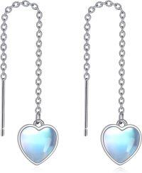 wholesale 925 Sterling Silver Heart-Shaped Rainbow Moonstone Threader Dangle Earrings for Women-Moonstone Thread Earrings