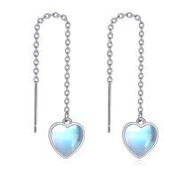 wholesale 925 Sterling Silver Heart-Shaped Rainbow Moonstone Threader Dangle Earrings for Women-Moonstone Thread Earrings