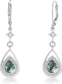 wholesale 925 Sterling Silver Green Malachite Teardrop Dangle Earrings with CZ Accents-08- Moss agate