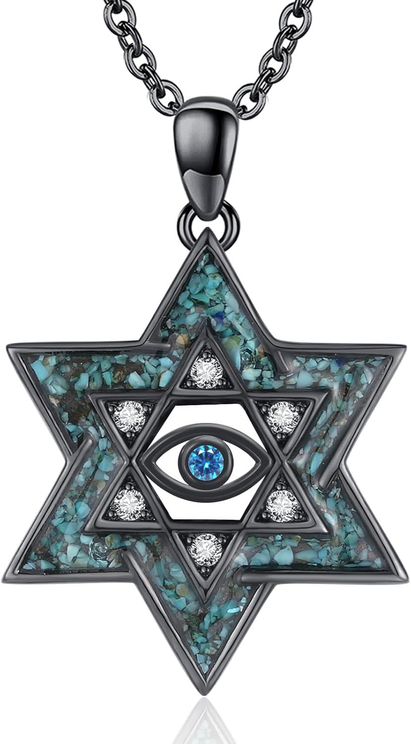 Sterling Silver Black Turquoise Star of David Pendant Necklace Jewish Jewelry Gifts for Women-Evil Eye