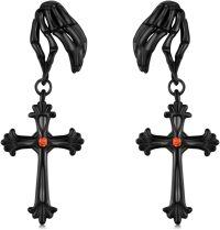 wholesale 925 Sterling Silver Black Cross with Orange Stone and Skeleton Hands Gothic Drop Earrings-Skeleton Hand