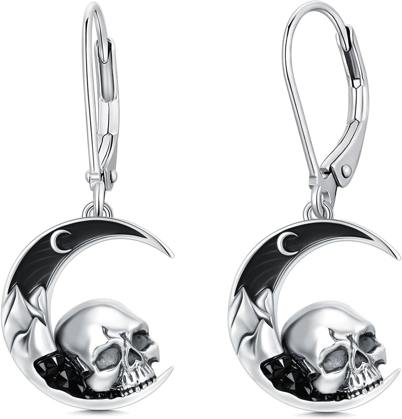 wholesale 925 Sterling Silver Crescent Moon & Skull Drop Earrings for Women Gothic  4cm Long-0-0